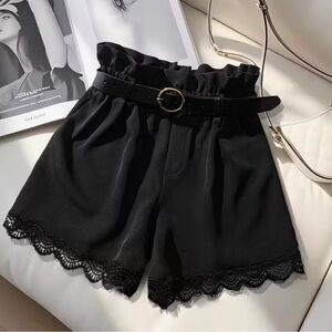 SHEIN Black High Waist Shorts with Lace Trim Medium Belted